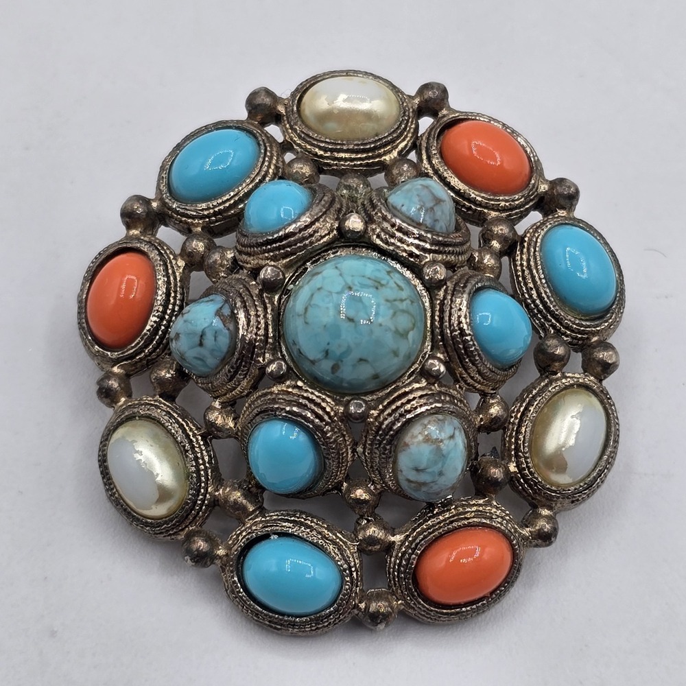 Premier Designs AZTEC silver turquoise‎ coral pearl pendant pin
